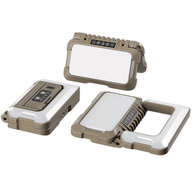 Beige portable camping light with hinged solar panel, front light, and control buttons