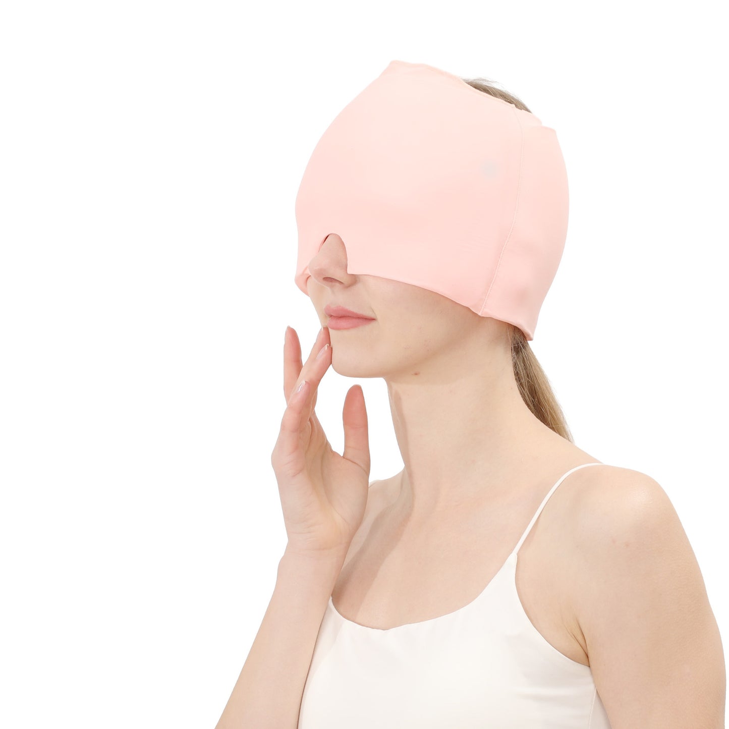Pink gel ice & hot compress head hood with face opening for cooling or warming