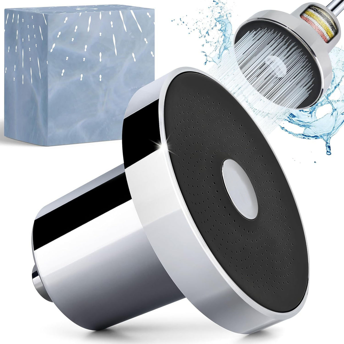 Shower head set with anti-splash filter cartridge and round spray faceplate