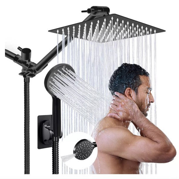 Chrome concealed shower set with overhead rain head, handheld, and wall mount