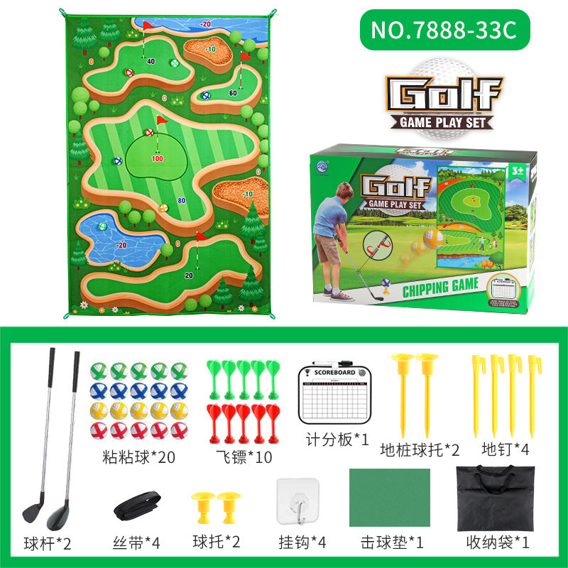 Children's golf game mat set with colorful play field and clubs, balls, scoring board