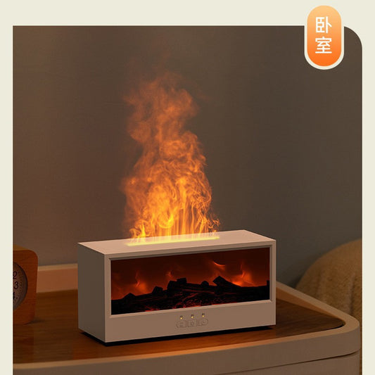 White fireplace-style humidifier with orange flame and glowing ember bed