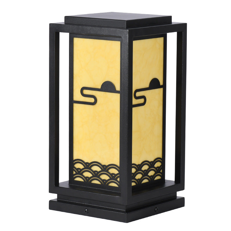 Black rectangular solar lantern light with frosted panels and decorative line art