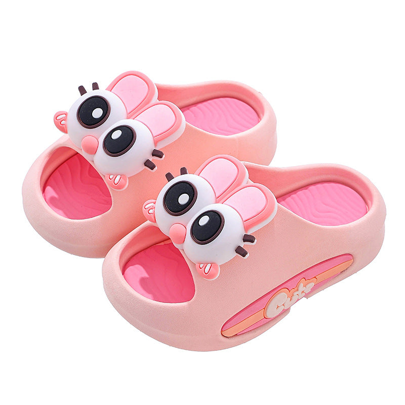 Children's anti-slip indoor sandal slippers, pink with panda-like face appliques and open toe