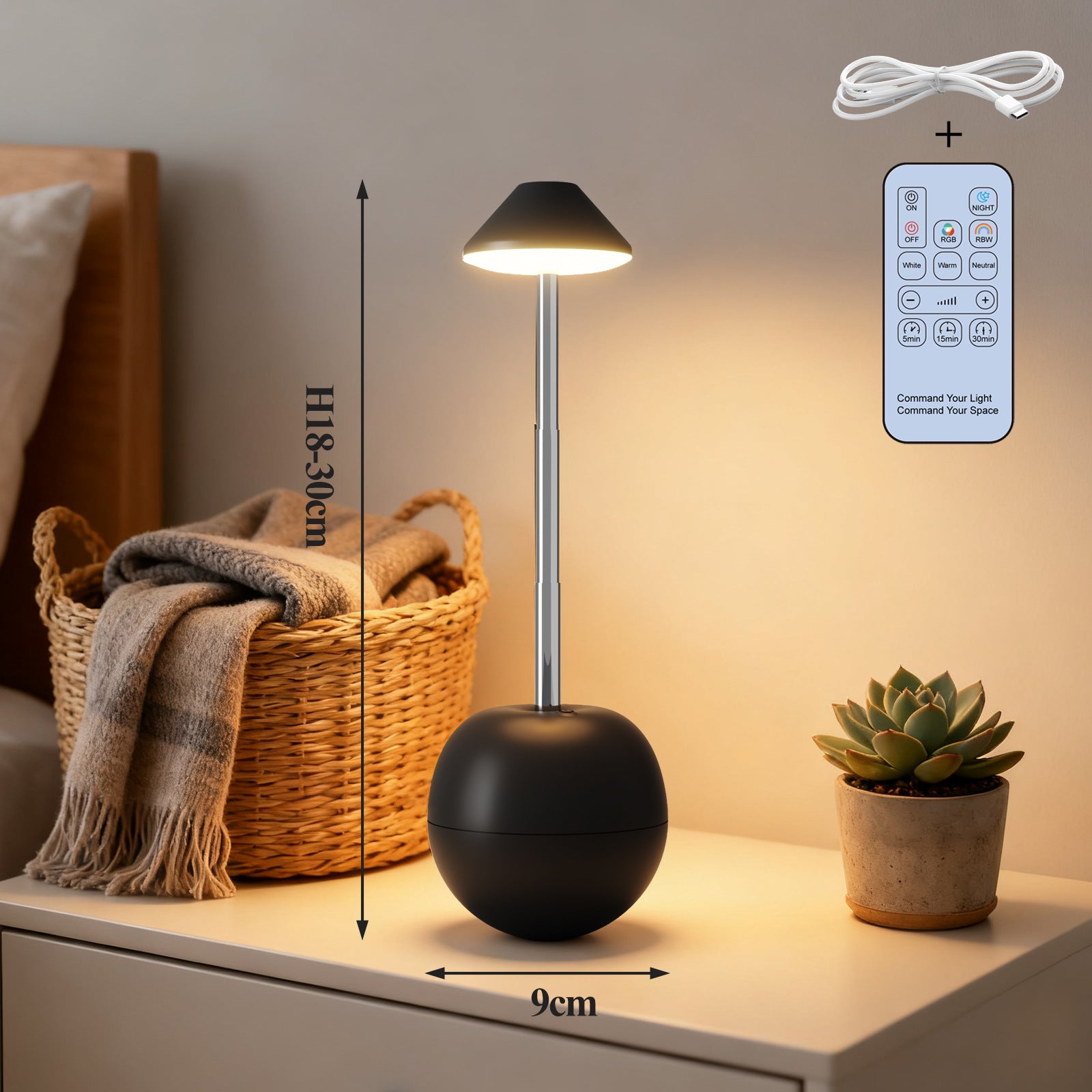 Rechargeable LED bedside night light with dark spherical base, tall stem, glow, remote included