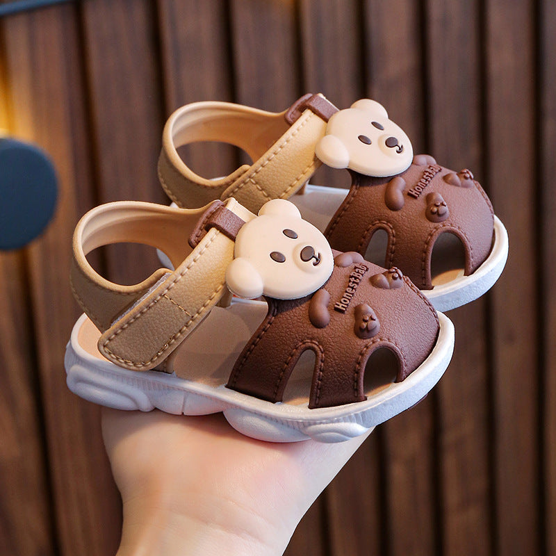 Children's bear-face sandals in tan and brown with hook-and-loop adjustable straps
