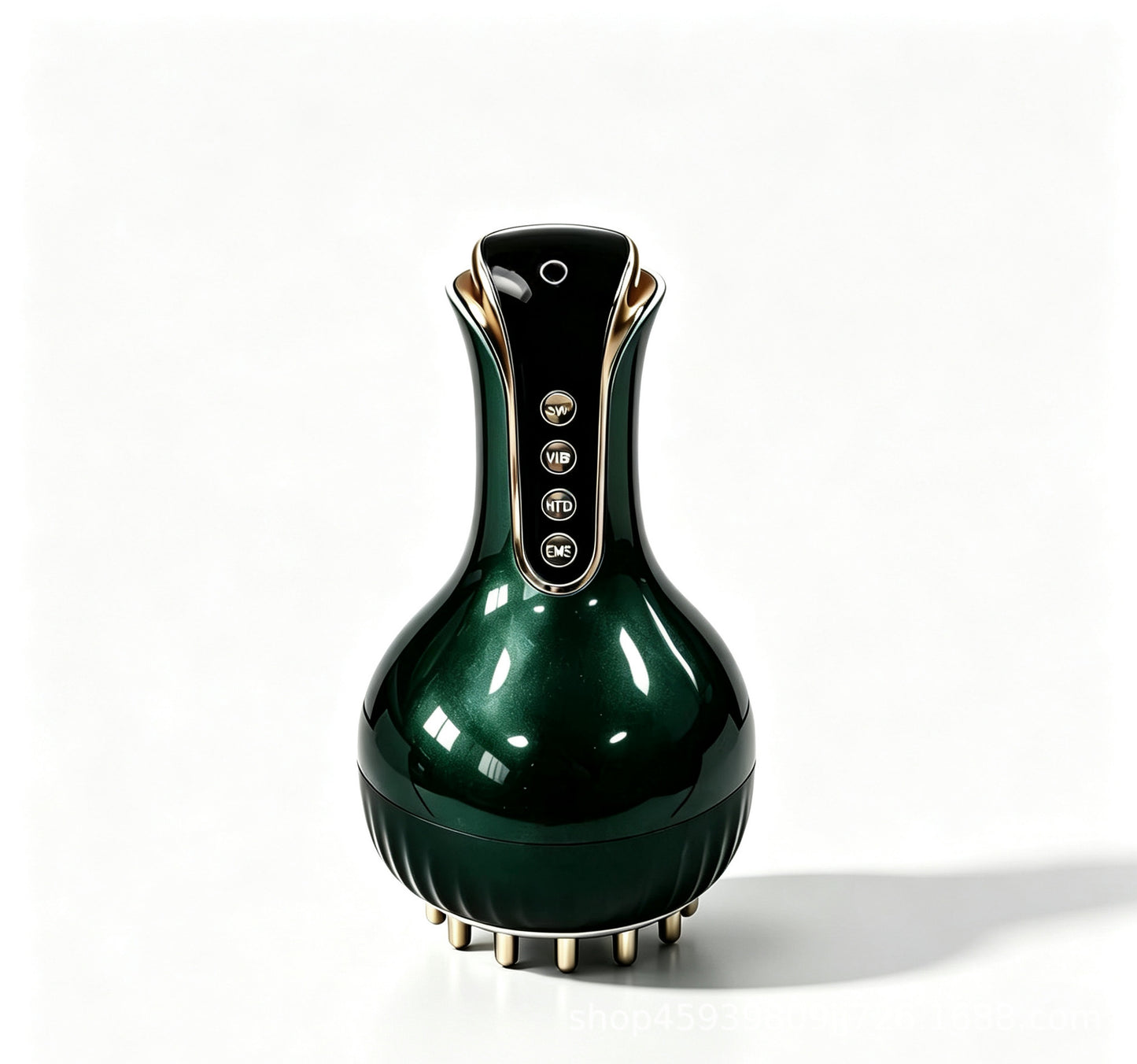 Green electric meridian massager with gold roller tips and black control panel.