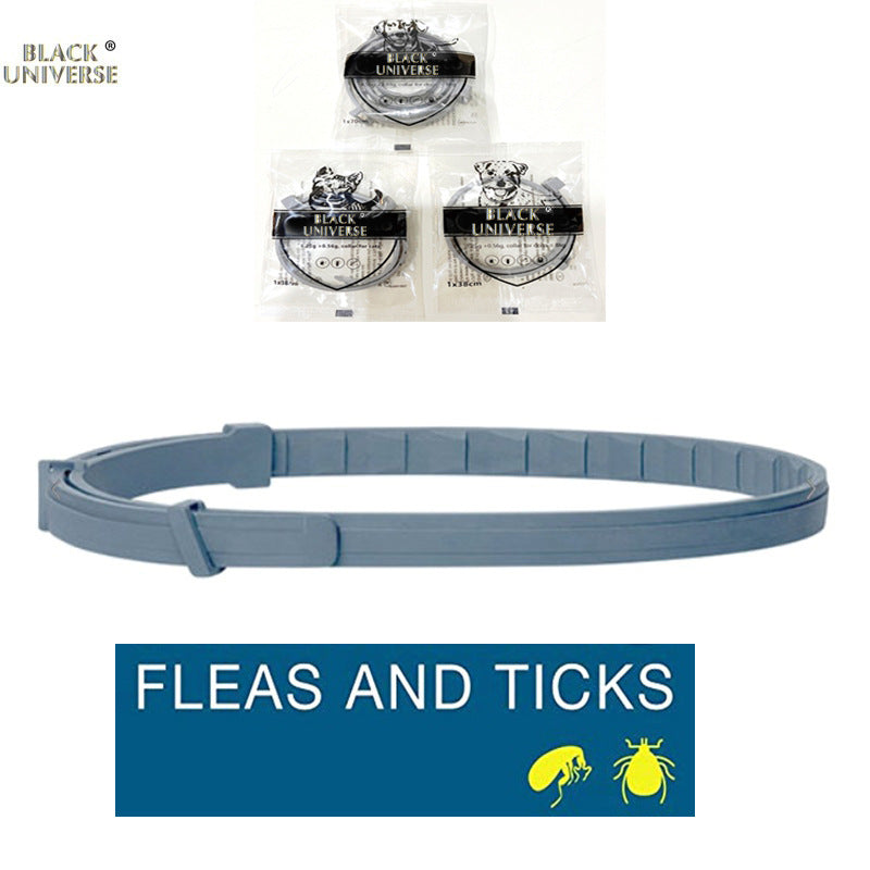 Gray flea and tick pet collar with Black Universe packaging and blue label