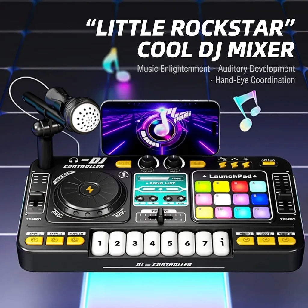Children’s Bluetooth DJ turntable music toy with microphone, black console and mic