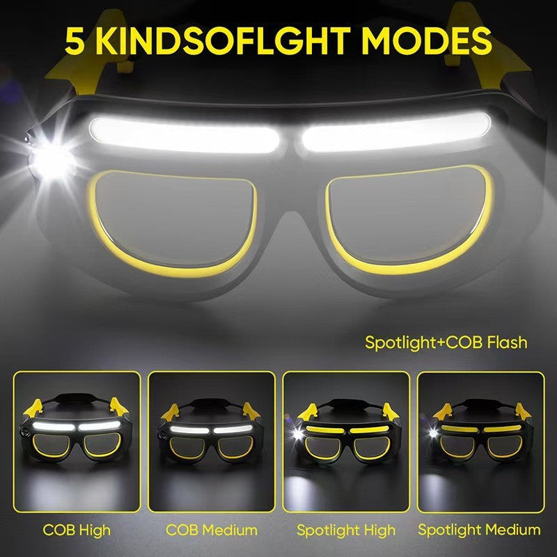 LED glasses frame headlamp with bright white and yellow light bars