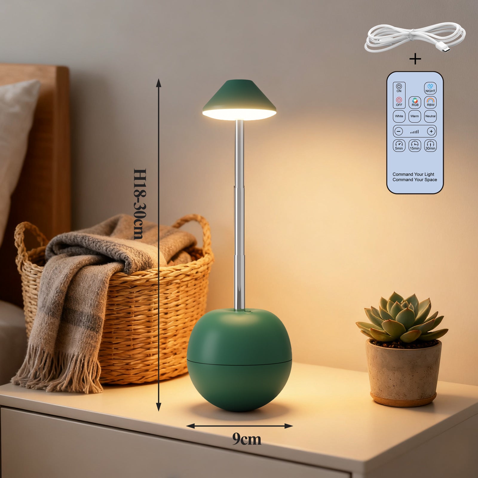 Rechargeable LED bedside night light with green tumbler base, warm glow, and remote control
