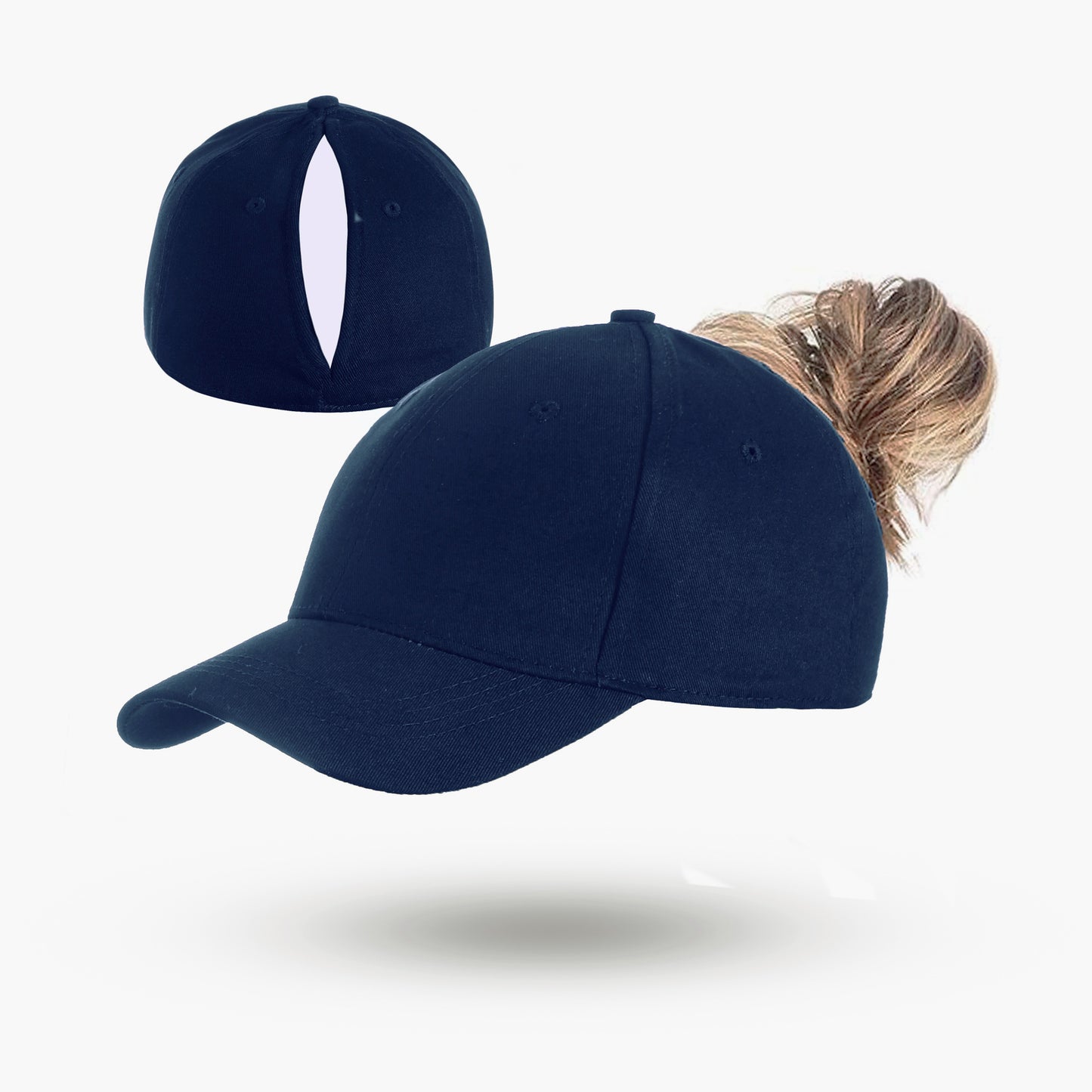 Navy ponytail baseball cap with open back and curved brim