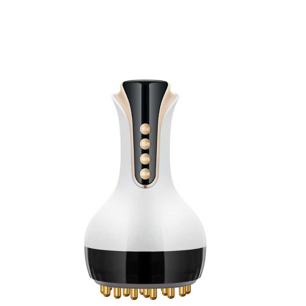White electric meridian massager with black panel and gold roller tips on base.