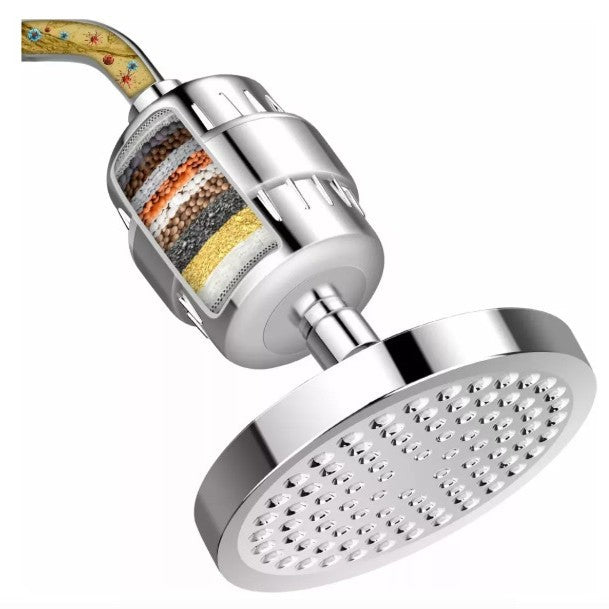 Handheld shower head with visible filter core and round rainfall shower head