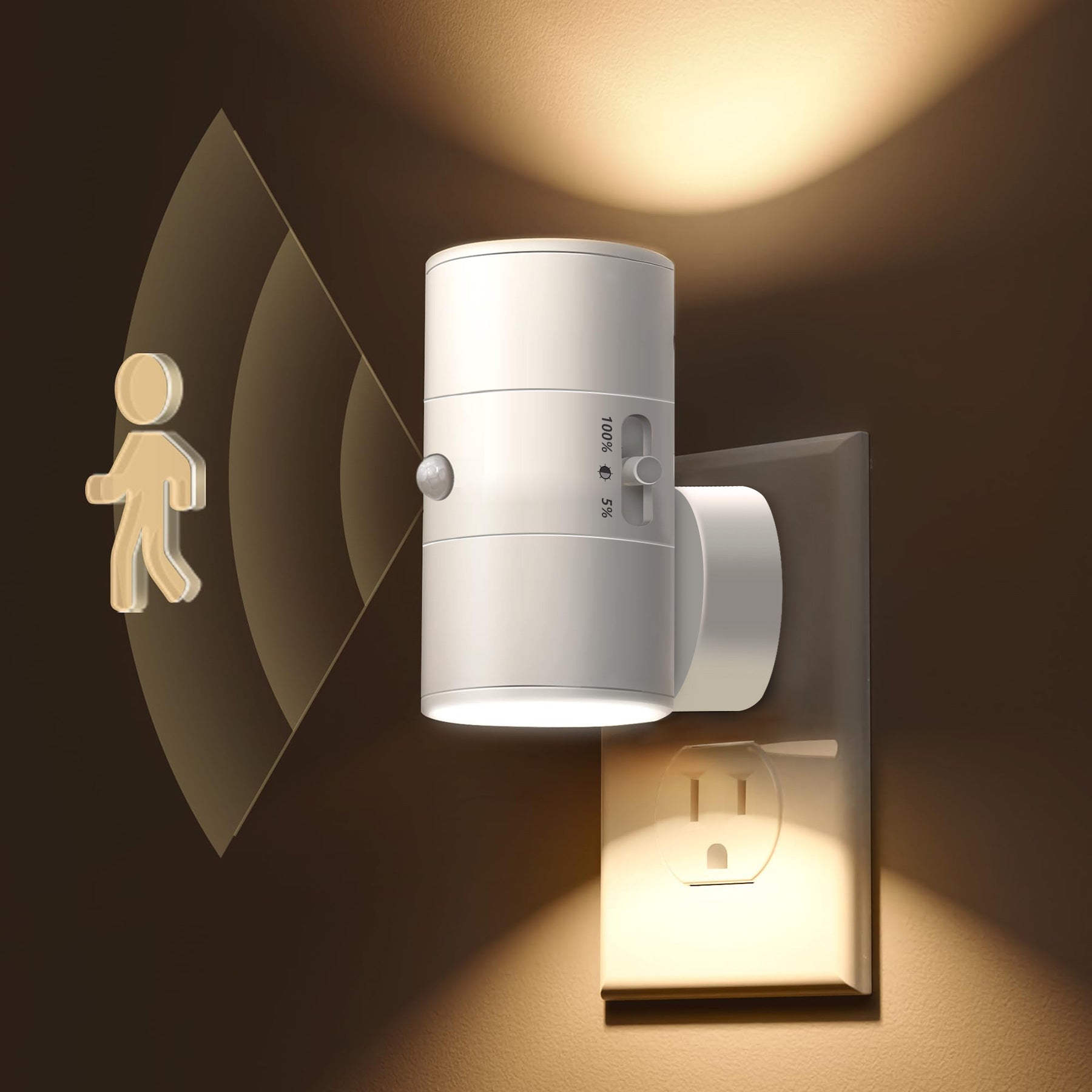 White LED motion sensor wall night light with round cylindrical body and lit glow