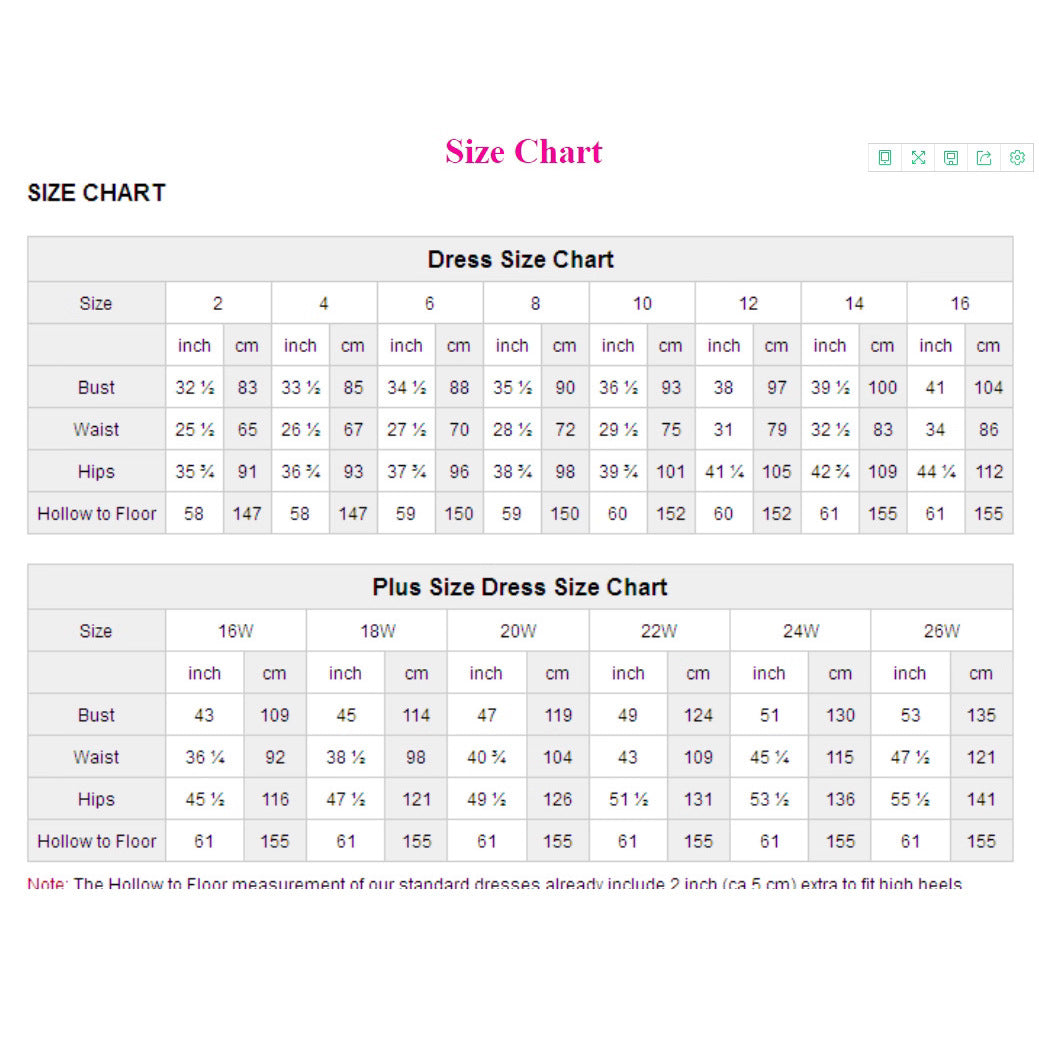 Size chart image showing dress measurements table
