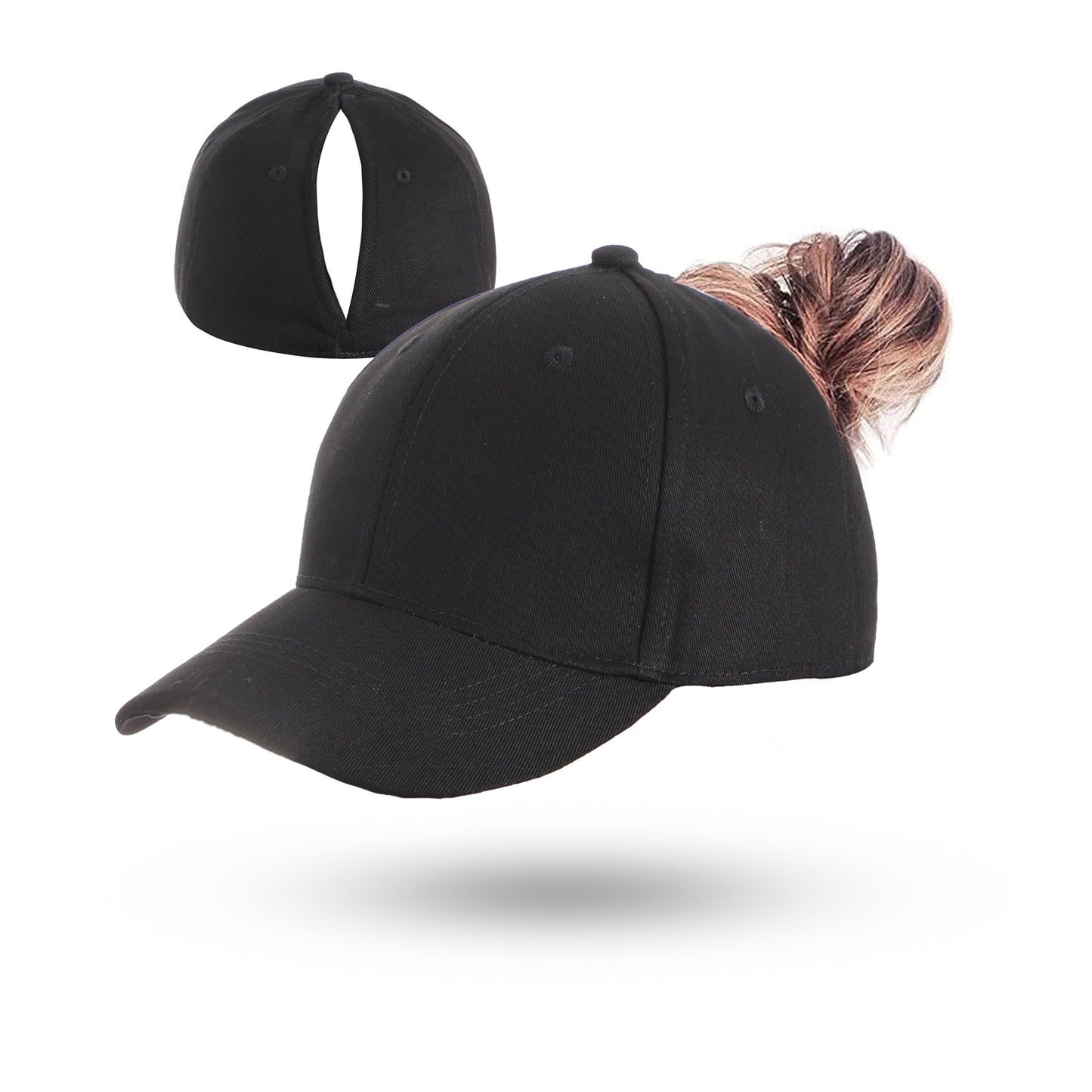Black ponytail baseball cap with open back and curved brim