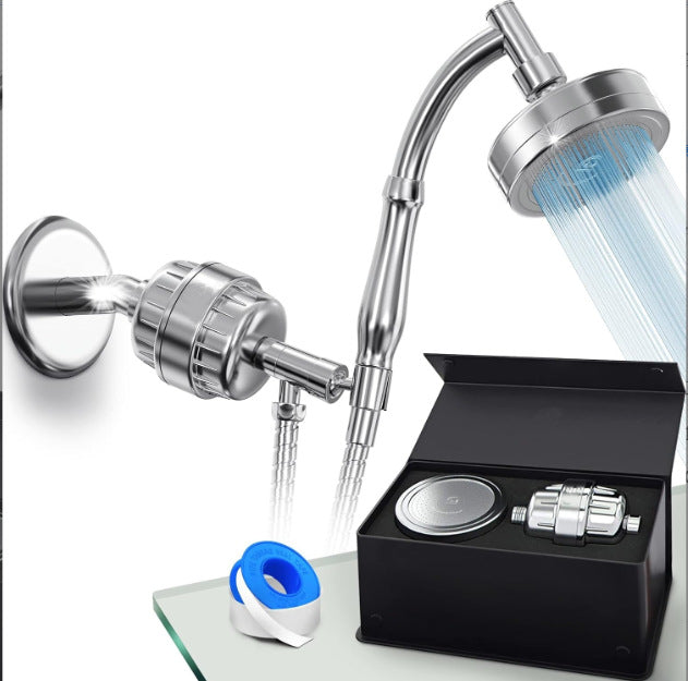 Stainless steel handheld shower head set with concealed wall bracket, hose, and extension rod