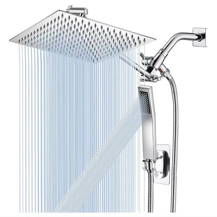 Stainless steel concealed shower head set with square overhead rain panel and handheld