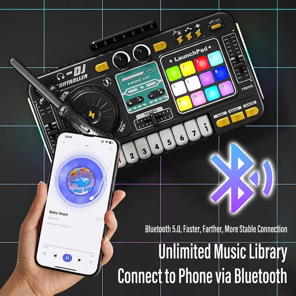 Children’s Bluetooth DJ turntable music toy, black console with smartphone in hand