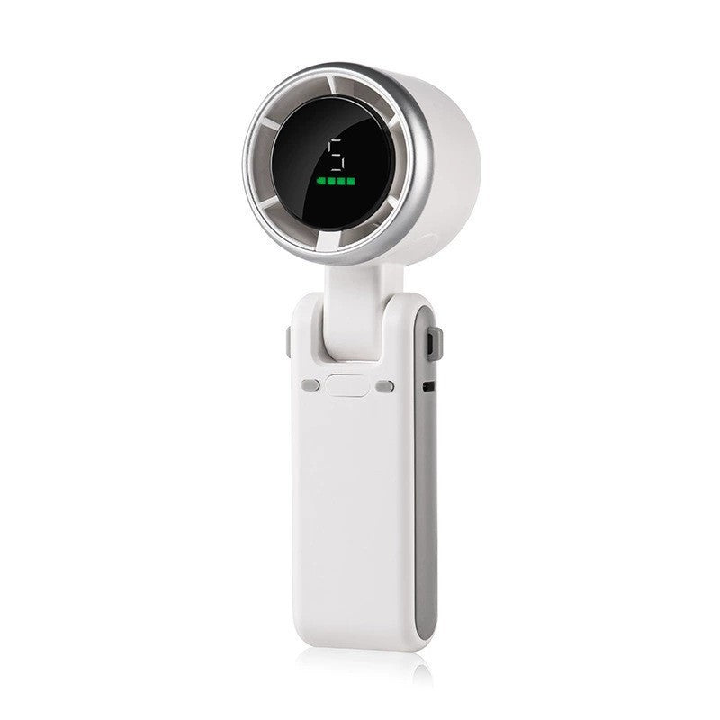 White handheld mini neck fan with circular grille and LED speed display