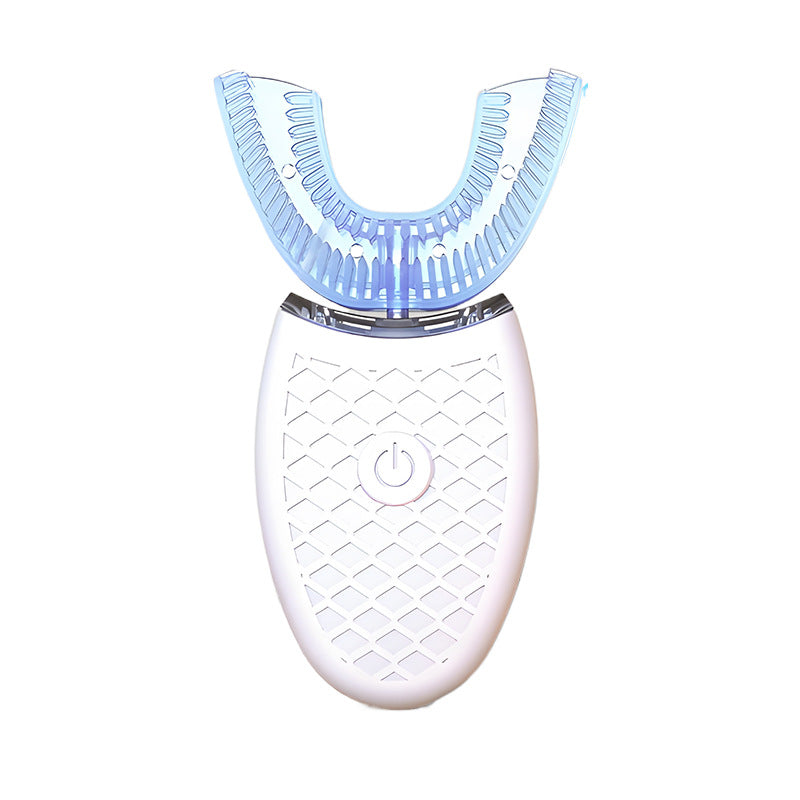 White U-shaped electric toothbrush with soft silicone bristles and power button