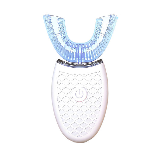White U-shaped electric toothbrush with soft silicone bristles and power button