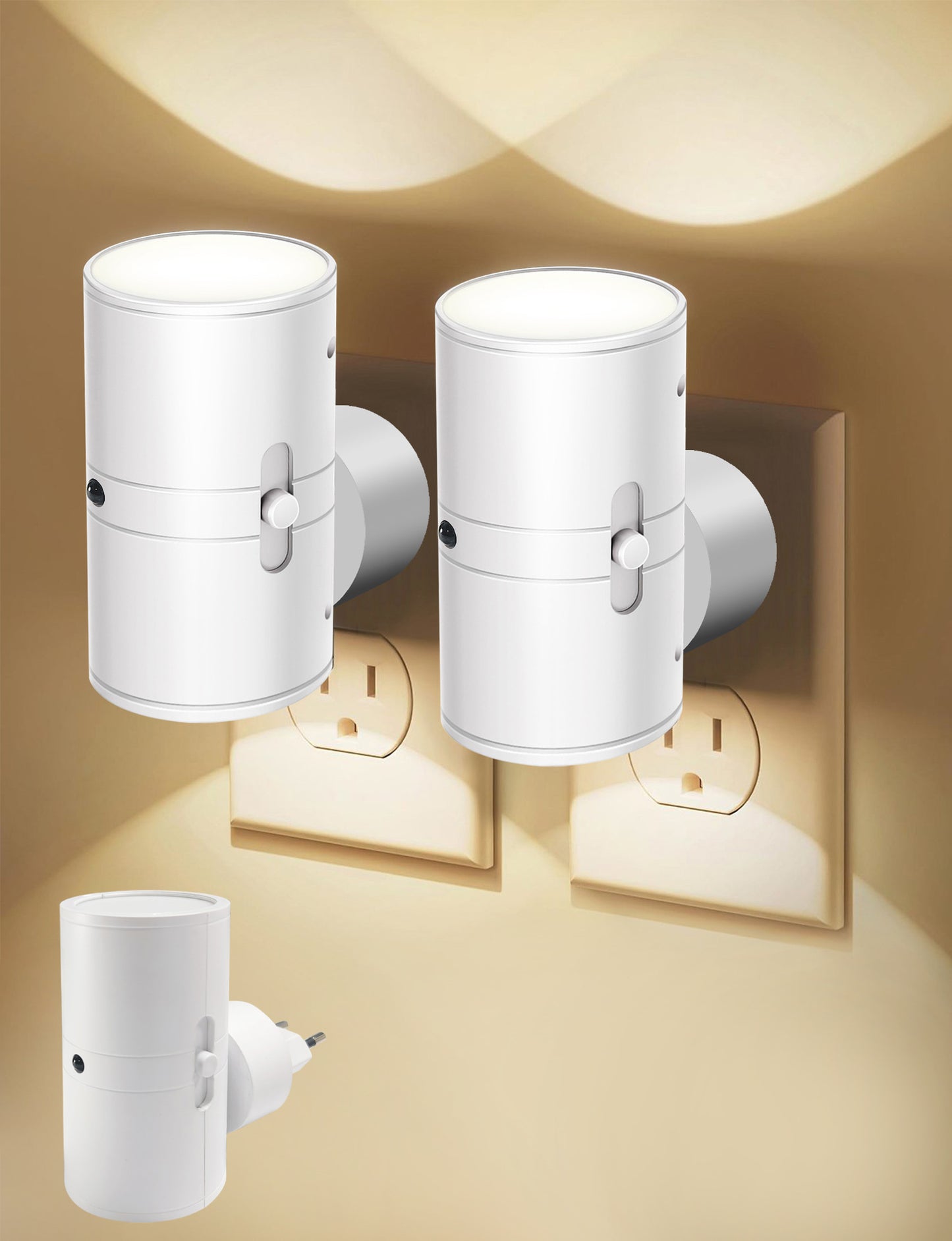 Three white motion-sensor LED night lights with cylindrical housings and warm glow