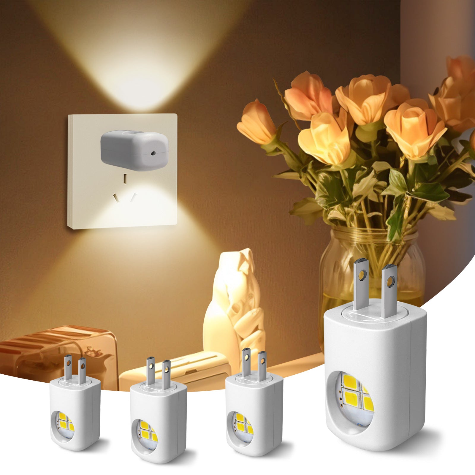 White motion-sensor night light wall plug with LED glow