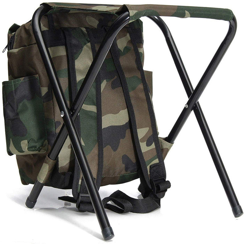 Camouflage portable stool with backpack storage, black X-frame and side pocket.