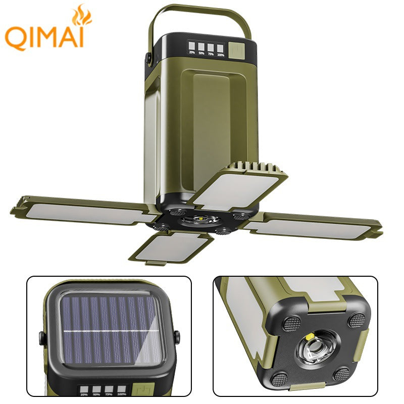 Olive solar camping lantern with folding multi-panel LED head and carry handle