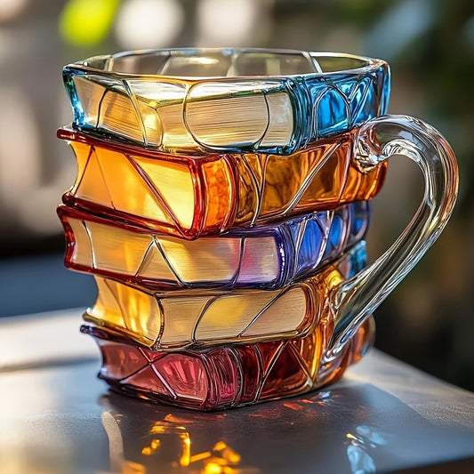 Multicolor resin mug shaped like stacked books with arched handle.