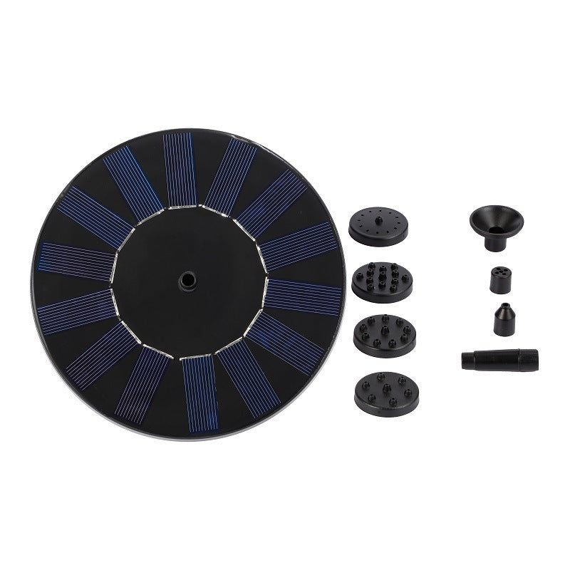 Solar fountain nozzle disc with blue segmented rings and multiple spray caps