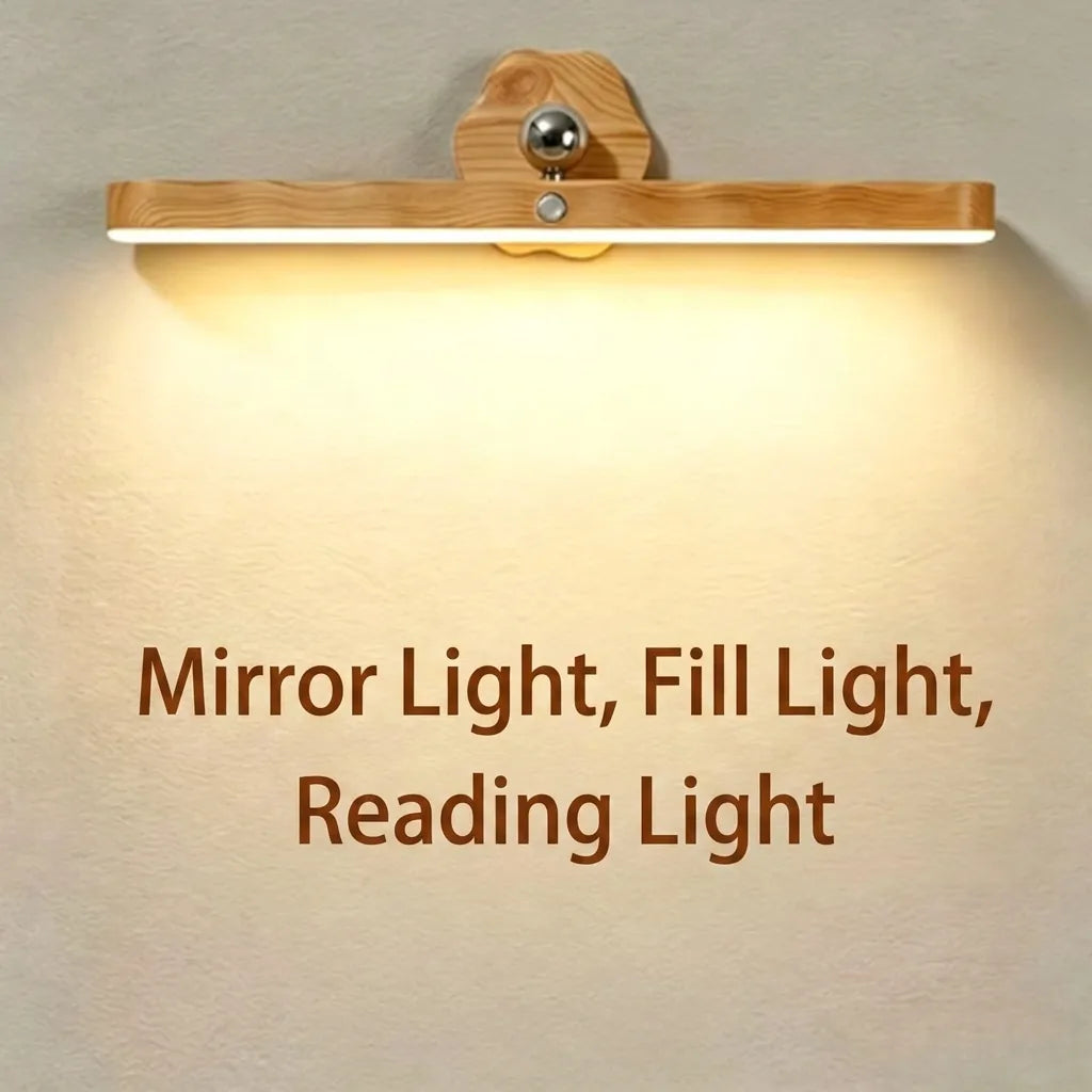 Wood-grain LED vanity light bar with rotating reading head, warm glow