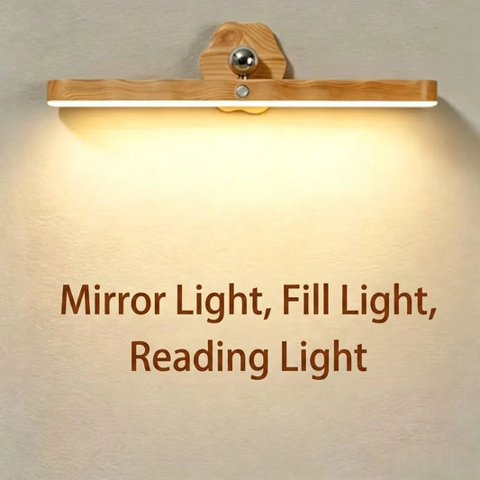 Wood-grain LED vanity light bar with rotating reading head, warm glow