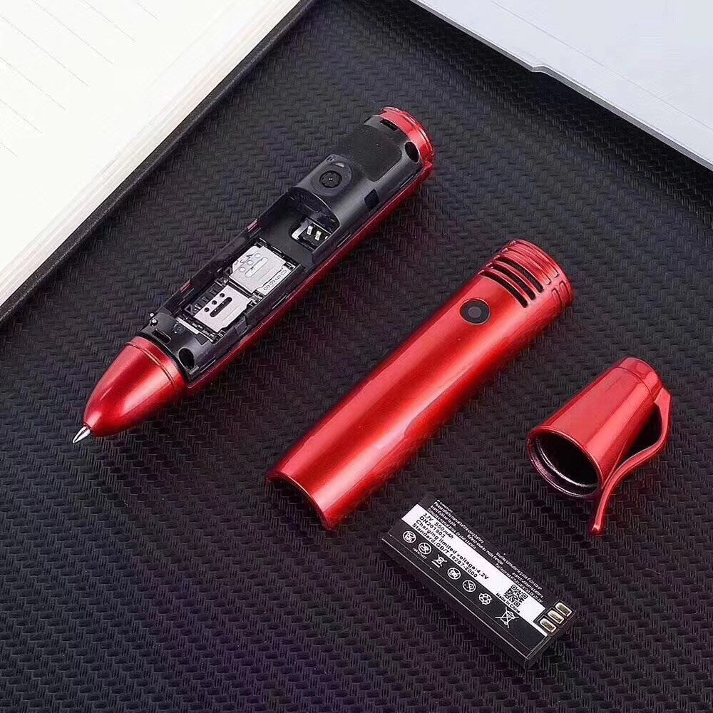 Red mini GSM phone with back open, showing battery and charging contacts