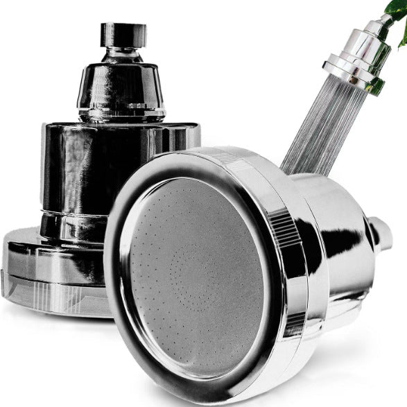 Chrome handheld shower head with shower outlet connector and spray faceplate