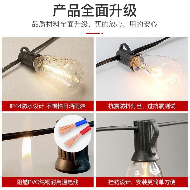 IP44 waterproof outdoor LED lamp string with black sockets and clear glowing teardrop bulbs