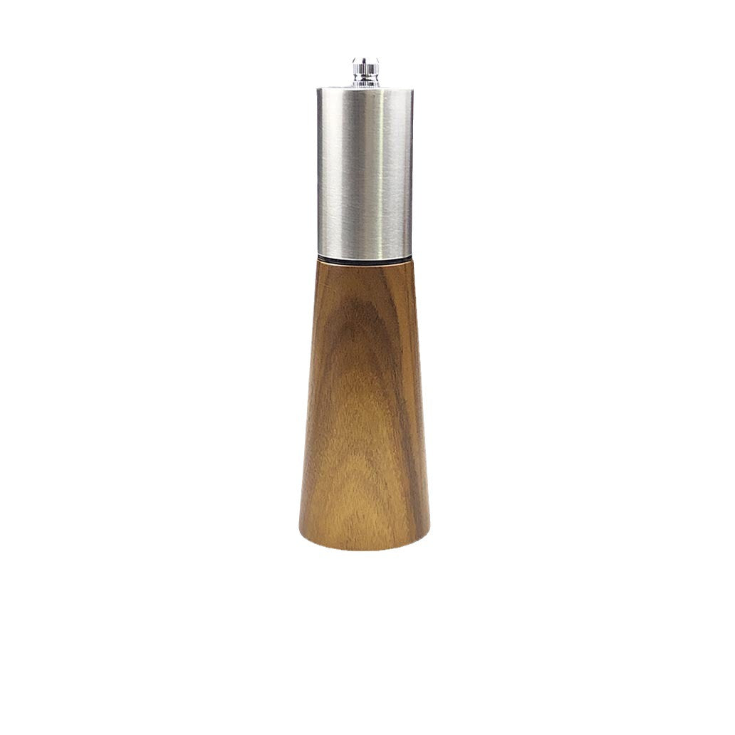 Single acacia wood pepper and salt grinder with silver metal top and screw knob