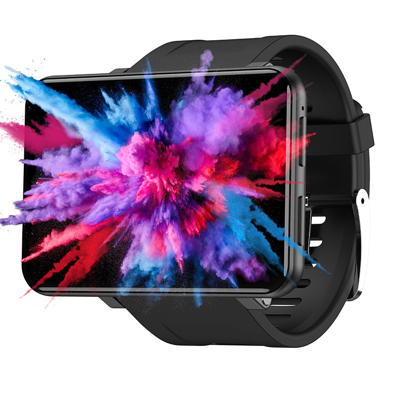 Black android smartwatch with touchscreen showing colorful burst wallpaper