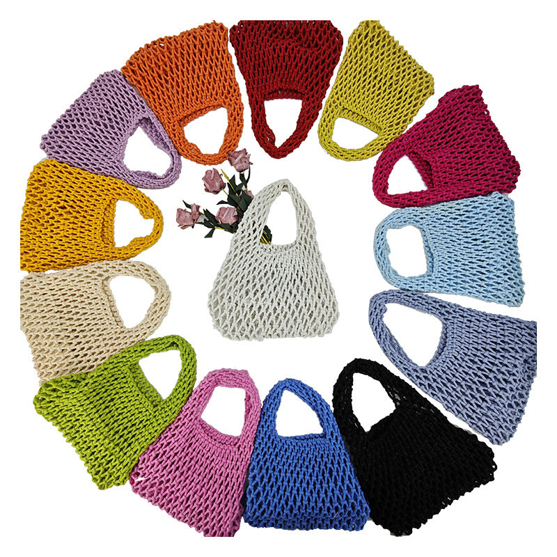 Assorted crocheted cotton rope bucket bags in bright candy colors with openwork mesh