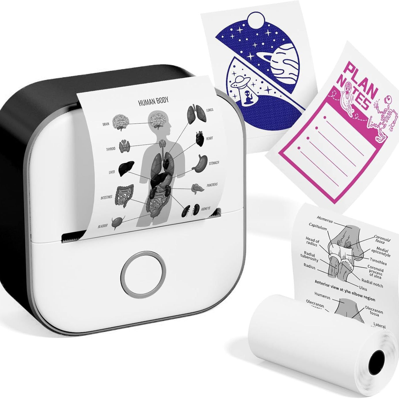 White mini thermal printer printing sheet with paper rolls and included labels