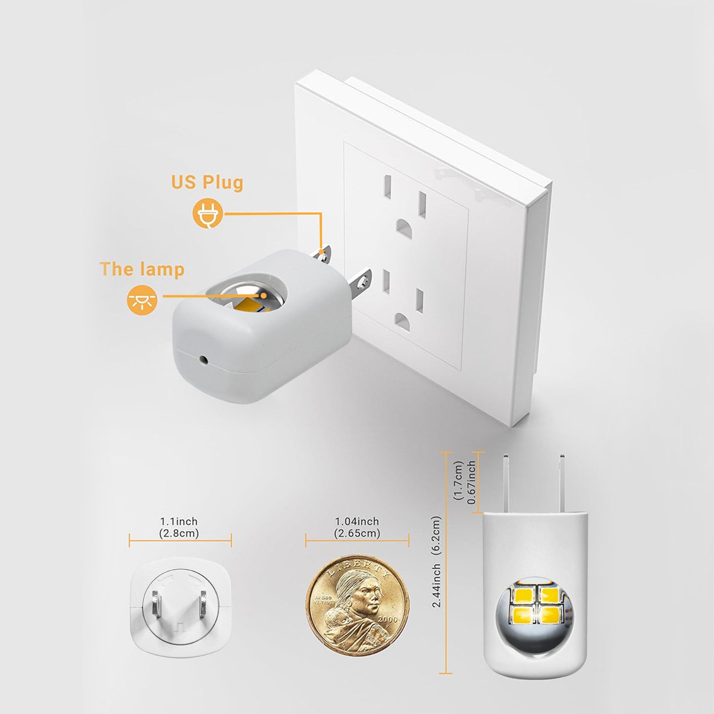 White plug-in motion-sensor night light with wall outlet adapter and front details