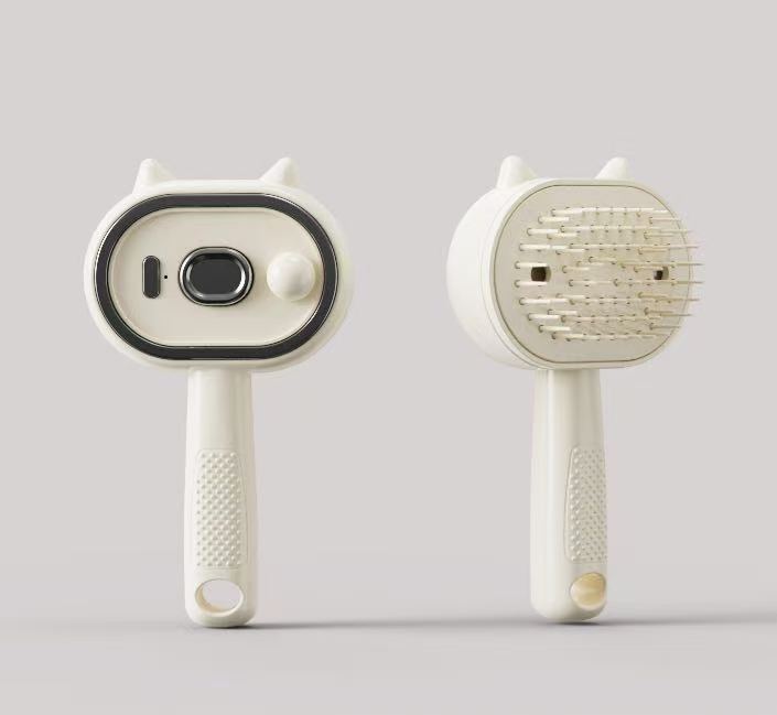 Cream electric spray hair comb with cat-ear design, sprayer base and brush head