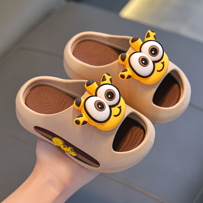 Children's anti-slip indoor sandal slippers, beige with yellow animal-face charms