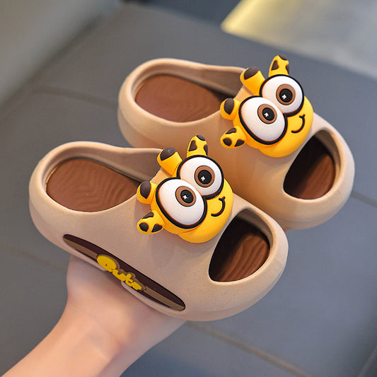Children's anti-slip indoor sandal slippers, beige with yellow animal-face charms