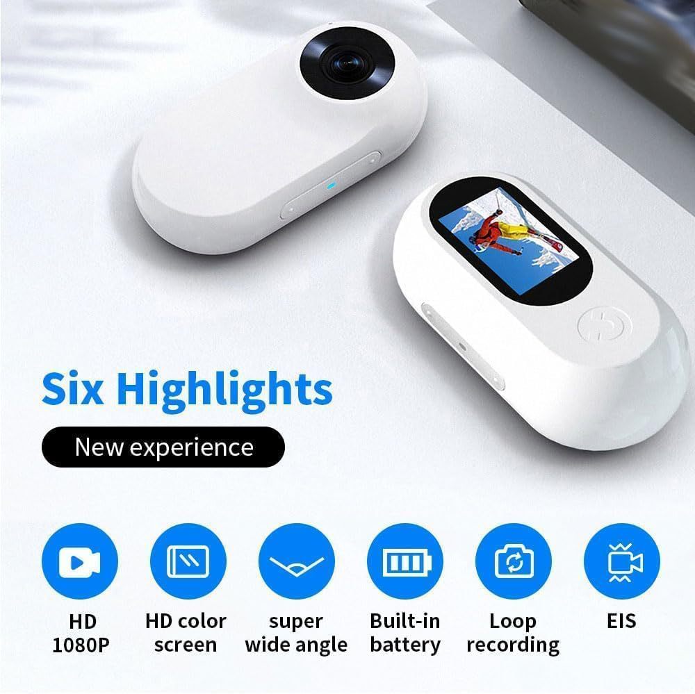 White pet collar video camera with attached lens module and small screen detail