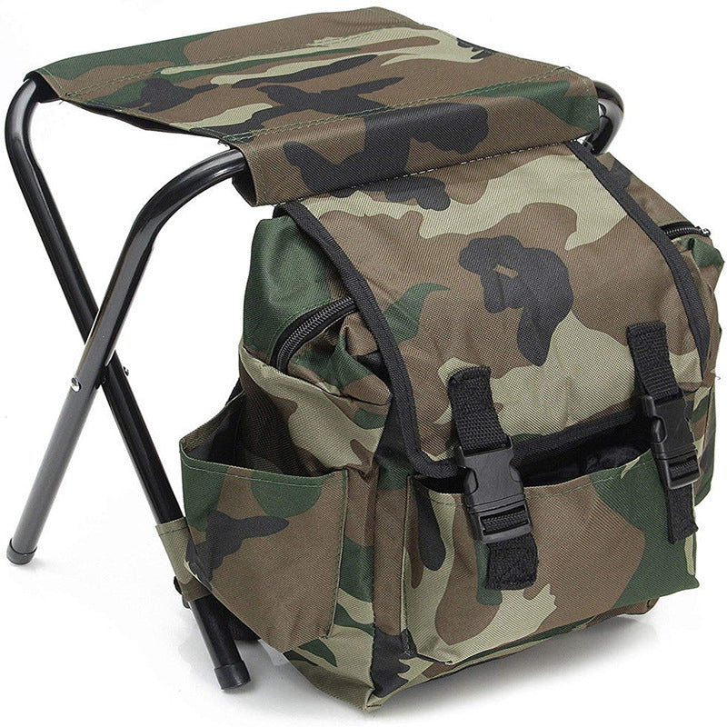 Camouflage backpack storage stool with black folding legs and zippered front pouch.