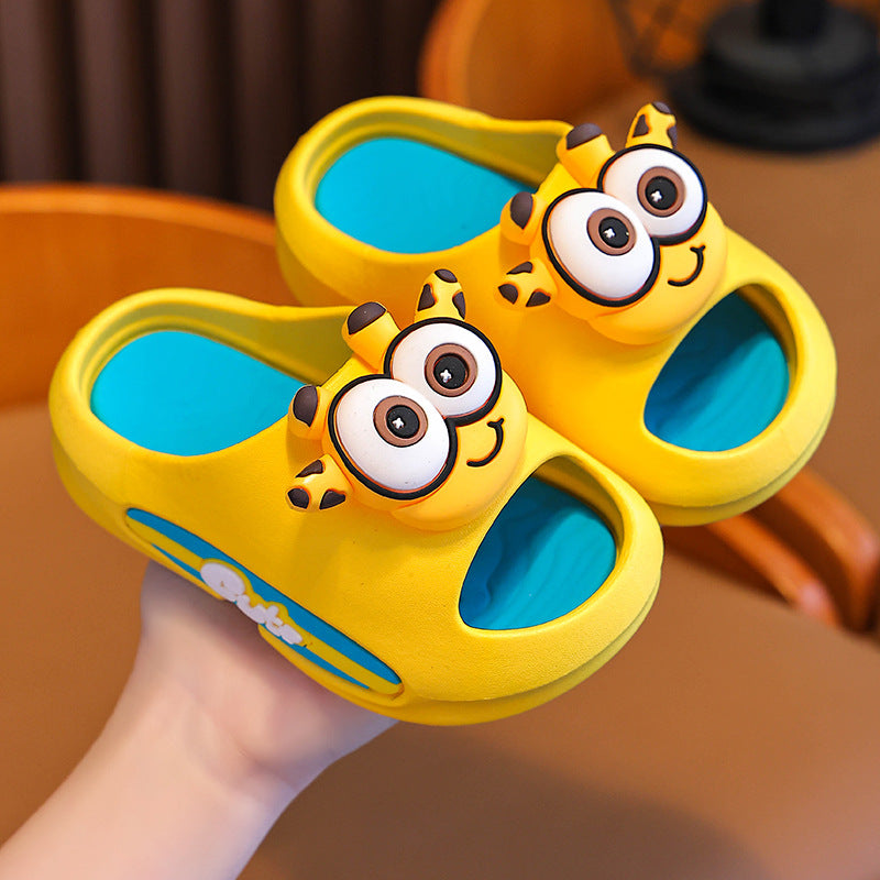 Children's anti-slip indoor sandal slippers, bright yellow upper with blue footbed and animal face