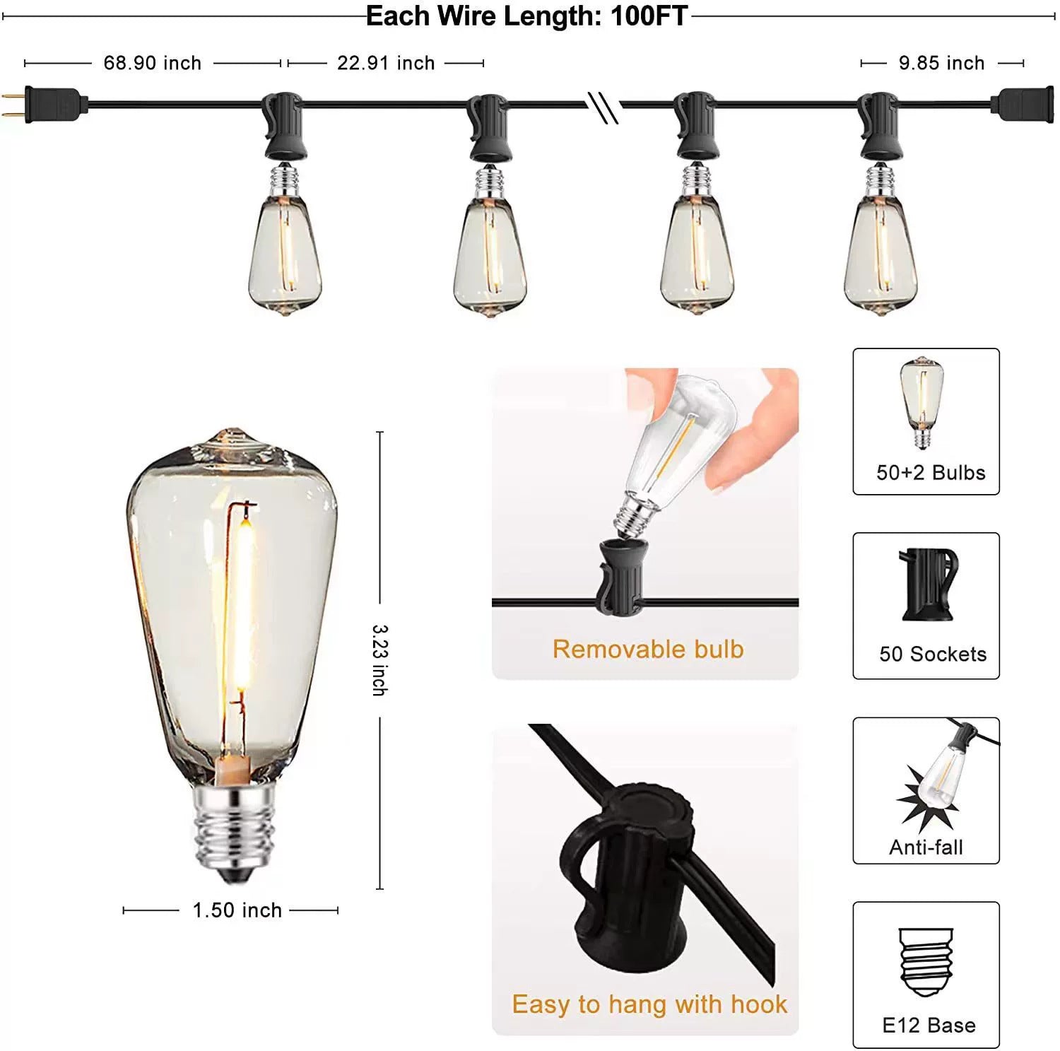 Outdoor LED lamp string with clear teardrop bulbs, E12 base, removable bulbs
